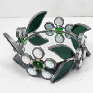 Handmade STAINED GLASS & Decorative Stone Mirrored Base Candle Holder Like New